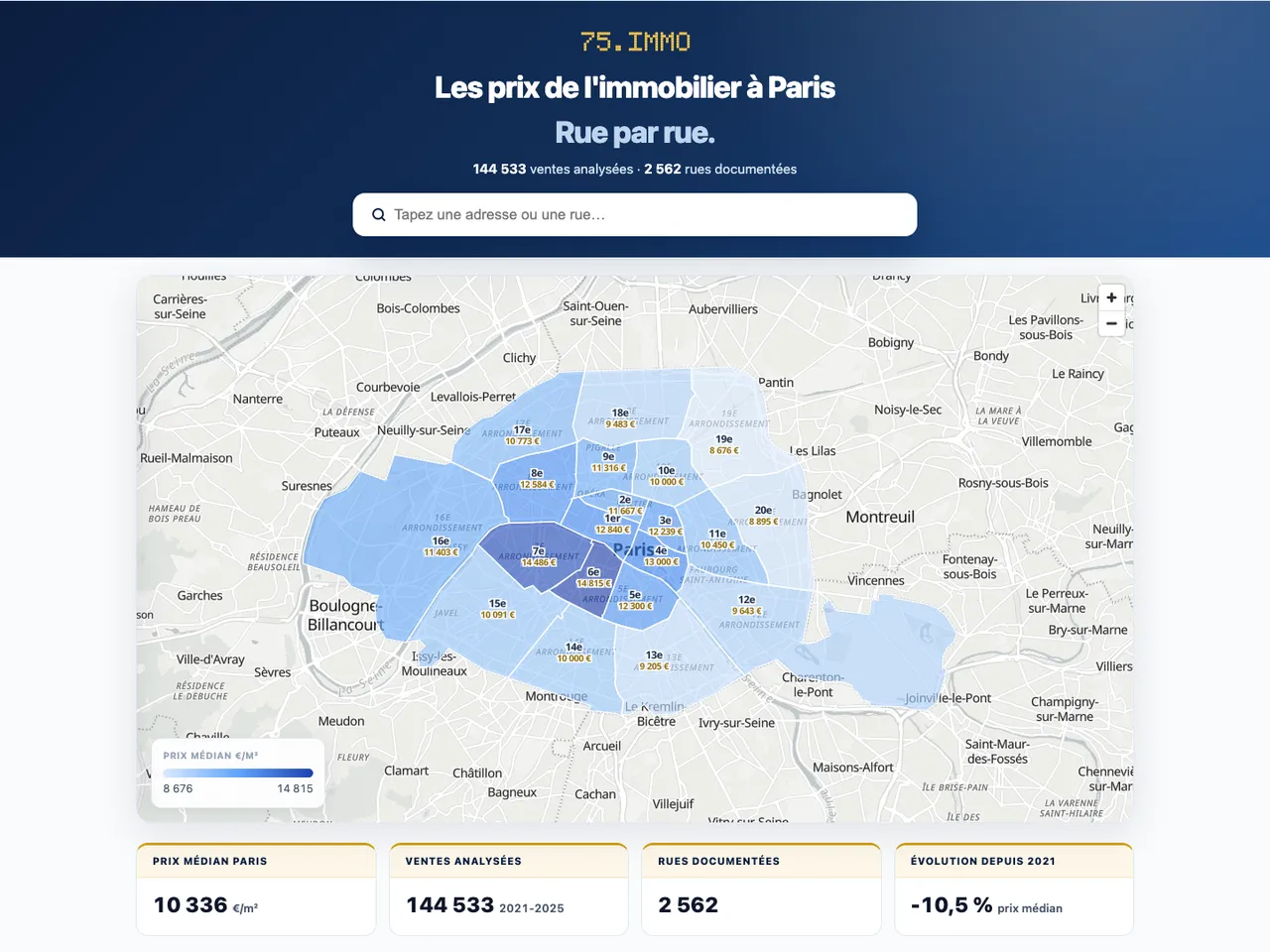 75.immo — les prix de l'immobilier à Paris, rue par rue, avec la carte des arrondissements