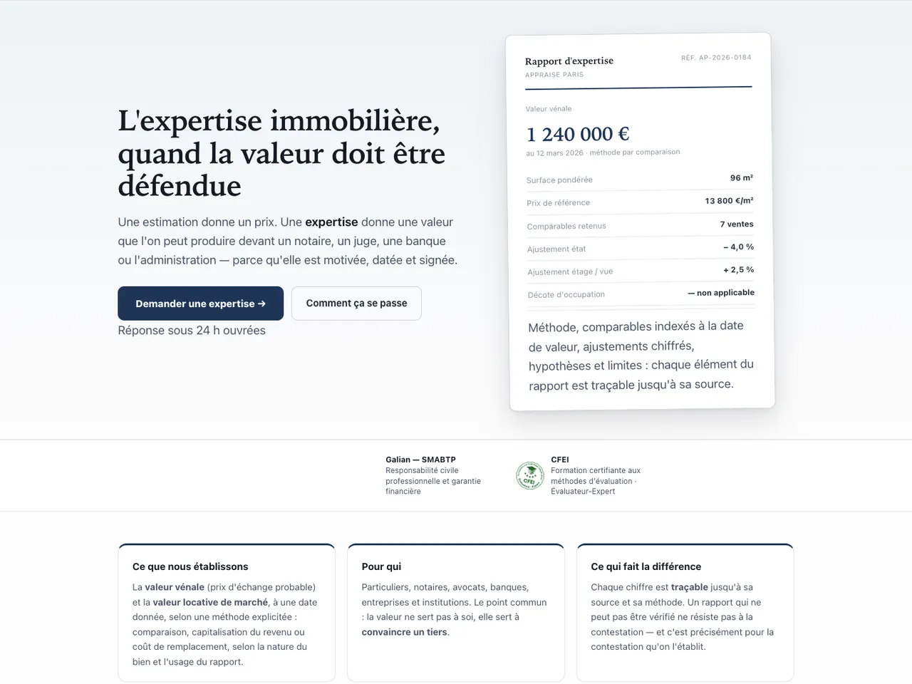 Page d'accueil d'Appraise Paris, avec un rapport d'expertise et sa valeur vénale